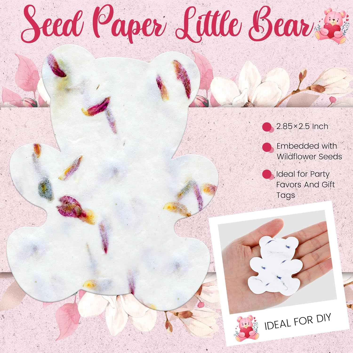 Handmade Plantable Wildflower Seed Paper Tags – 50 Pcs Wedding Favors (Bear)