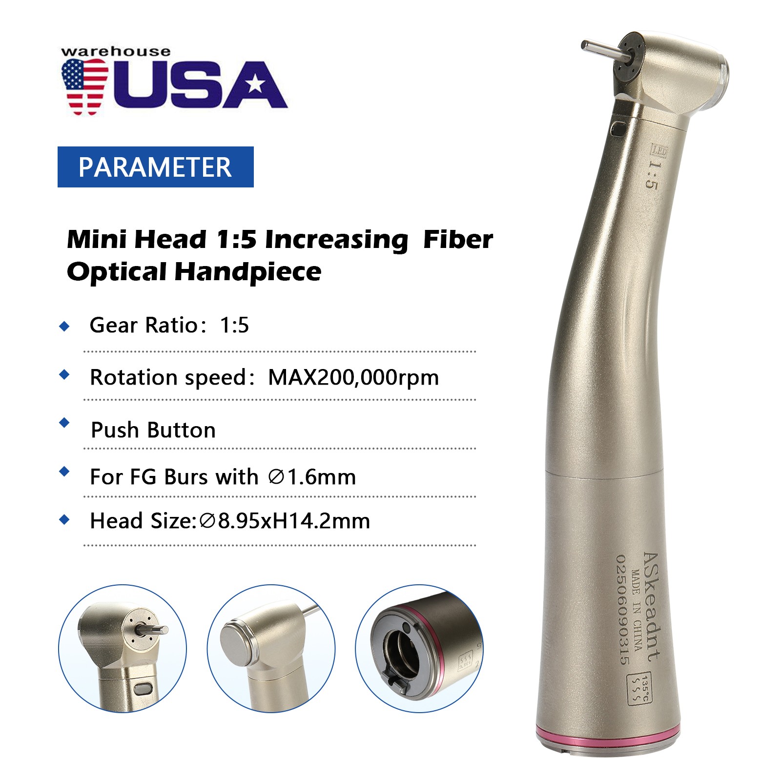 Dental 1:5 Increasing LED Fiber Optic Contra Angle Handpiece for NSK Ti-Max X95L